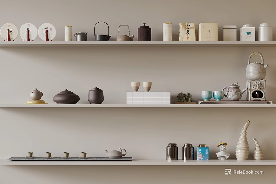 Neatly Arranged Various Tea Sets On Multiple Shelves With Teapots Teacups And Ceramic Caddies 3d model 