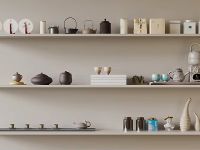 Neatly Arranged Various Tea Sets On Multiple Shelves With Teapots Teacups And Ceramic Caddies 3d model