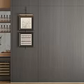 Modern Dark Wood Wine Cabinet With Open Wine Bottle Shelves Decorative Plants And Wall Lighting