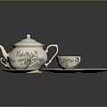 Delicate Ceramic Tea Set With Teapot Cups Saucers And Floral Patterns 3d model