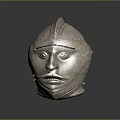 Ancient Metal Weapon Helmet with Shiny Silver Surface and Detailed Facial Features