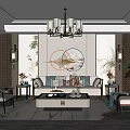 Modern Chinese Living Room With Chandelier Circular Decorative Painting Green Plants Sofa And Coffee Table