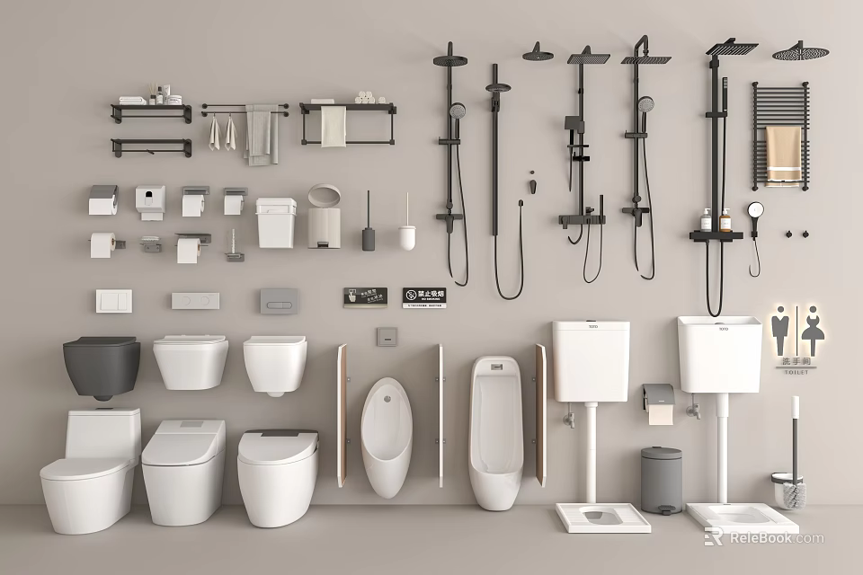 Modern Bathroom Fixtures Set With Ceramic Toilet Basin Shower Head Towel Rack And Storage Shelves 3d model 