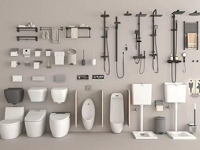Modern Bathroom Fixtures Set With Ceramic Toilet Basin Shower Head Towel Rack And Storage Shelves 3d model