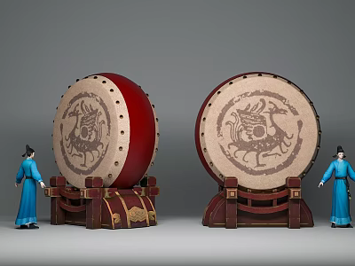 Traditional Chinese Drums With Intricate Patterns Red Borders And Blue Robe Figures 3d model