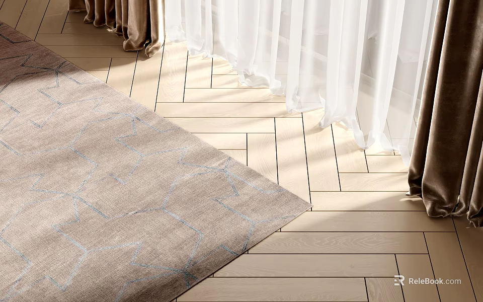 Light Brown Square Rug With Blue Geometric Patterns On Herringbone Wooden Floor And Curtains 3d model 