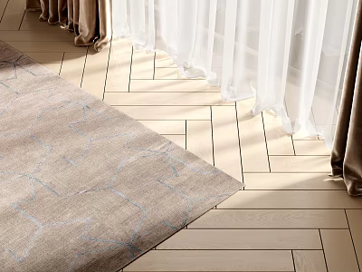 Light Brown Square Rug With Blue Geometric Patterns On Herringbone Wooden Floor And Curtains 3d model