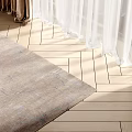 Light Brown Square Rug With Blue Geometric Patterns On Herringbone Wooden Floor And Curtains