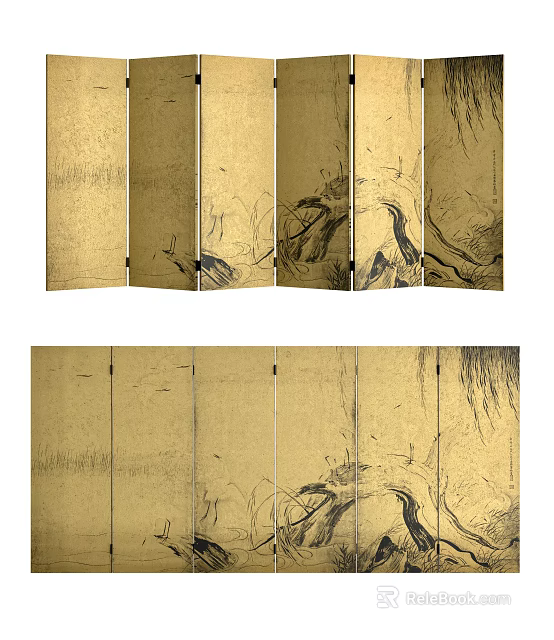 Artistic Golden Multi Panel Folding Screen with Traditional Black Ink Painting Patterns 3d model