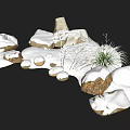 Winter Yard Garden With Snow Covered Stones And Small Pine Plants