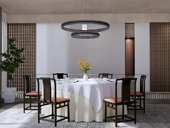 New Chinese Style Room Restaurant Box Round Dining Table and Chair Metal Chandelier Hard Bag Background Wall Curtain Indoor Potted Plant 3d model
