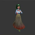 3D Rendered Woman With Black Long Hair White Top And Gradient Red Skirt Gray Background