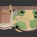 Open Pink Suitcase Featuring Cartoon Scene Small Cabin Green Trees Blue Sky White Clouds