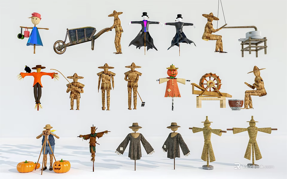 Traditional Agricultural Equipment Featuring Various Scarecrows Wheelbarrow Farm Tools And Pumpkins 3d model 