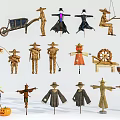 Traditional Agricultural Equipment Featuring Various Scarecrows Wheelbarrow Farm Tools And Pumpkins