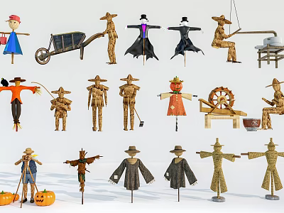 Traditional Agricultural Equipment Featuring Various Scarecrows Wheelbarrow Farm Tools And Pumpkins 3d model