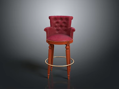 Elegant Red Velvet Tufted Bar Stool With Wooden Legs And Golden Ring 3d model