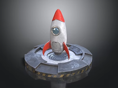Space Rocket Model with Red Tip Silver Body on Circular Launch Pad and Warning Stripe 3d model