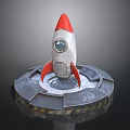Space Rocket Model with Red Tip Silver Body on Circular Launch Pad and Warning Stripe