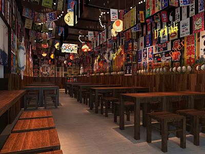 Traditional Restaurant Interior With Colorful Signs Hanging Lanterns And Wooden Tables Stools 3d model