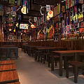 Traditional Restaurant Interior With Colorful Signs Hanging Lanterns And Wooden Tables Stools