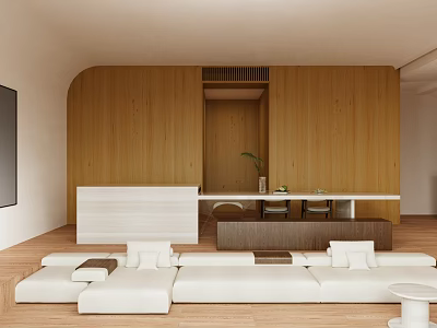 Modern Living Dining Room Interior Design With Wooden Walls White Sofa And Light Wooden Flooring 3d model