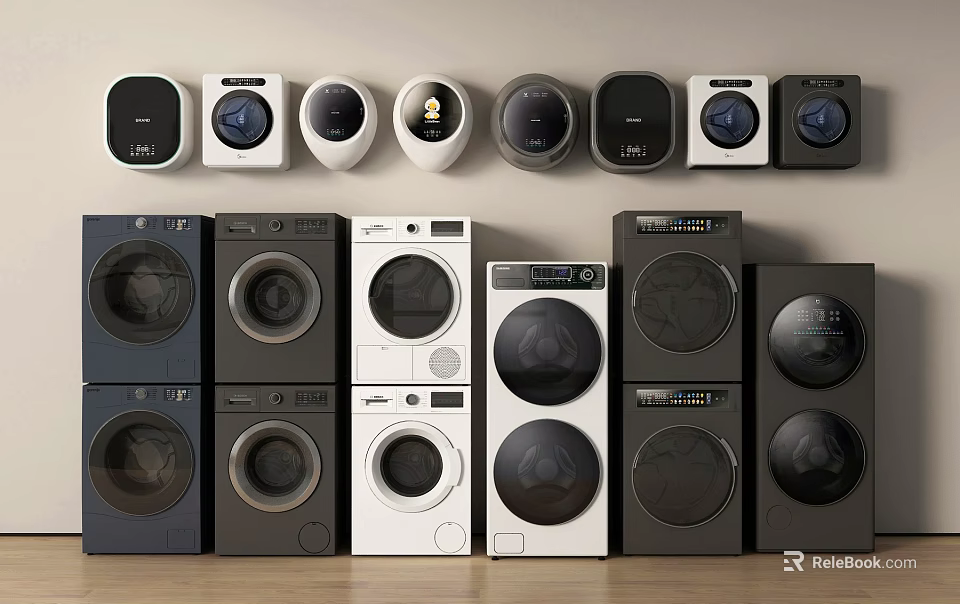 Various Styles of Modern Washing Machines in White Black Gray Displayed on Wall and Floor 3d model 