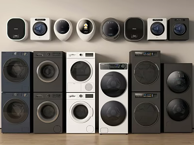 Various Styles of Modern Washing Machines in White Black Gray Displayed on Wall and Floor 3d model