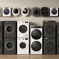 Various Styles of Modern Washing Machines in White Black Gray Displayed on Wall and Floor
