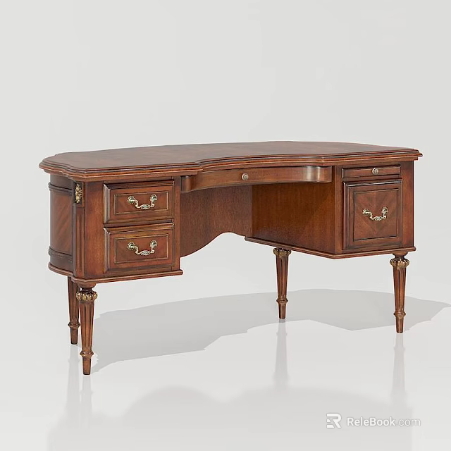 Classic Wooden Desk With Curved Top And Golden Handle Drawers On Slim Legs 3d model 