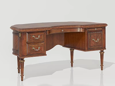 Classic Wooden Desk With Curved Top And Golden Handle Drawers On Slim Legs 3d model