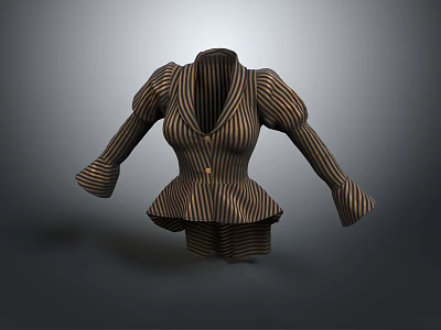 Stylish Brown and Yellow Striped Coat with Puffed Sleeves Fitted Waist Design 3d model