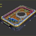Cartoon Themed Inflatable Playground Scene with Colorful Structures Octagonal Center and Blue Borders