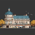 Cartoon Scene With Blue Roof Building Yellow Trees Street Lamps And Flying Birds