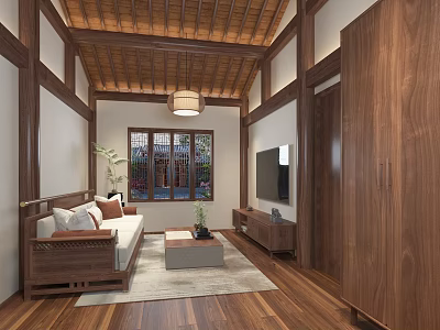 Cozy Traditional Chinese Style Living Room With Premium Solid Wood Furniture And Elegant Wooden Ceiling 3d model