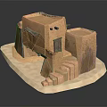 Traditional Adobe Building Model with Stairs Wooden Beams and Small Door Structure