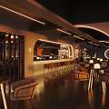 Modern Style Bar With Awning Warm Lighting Wine Racks Bar Counter And Tables From Outside