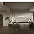 Elegant Modern Kitchen Interior With White And Green Cabinets Marble Island Countertop And Chairs