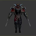 Man In Ornate Red And Blue Armor Holding Dual Swords Standing Pose