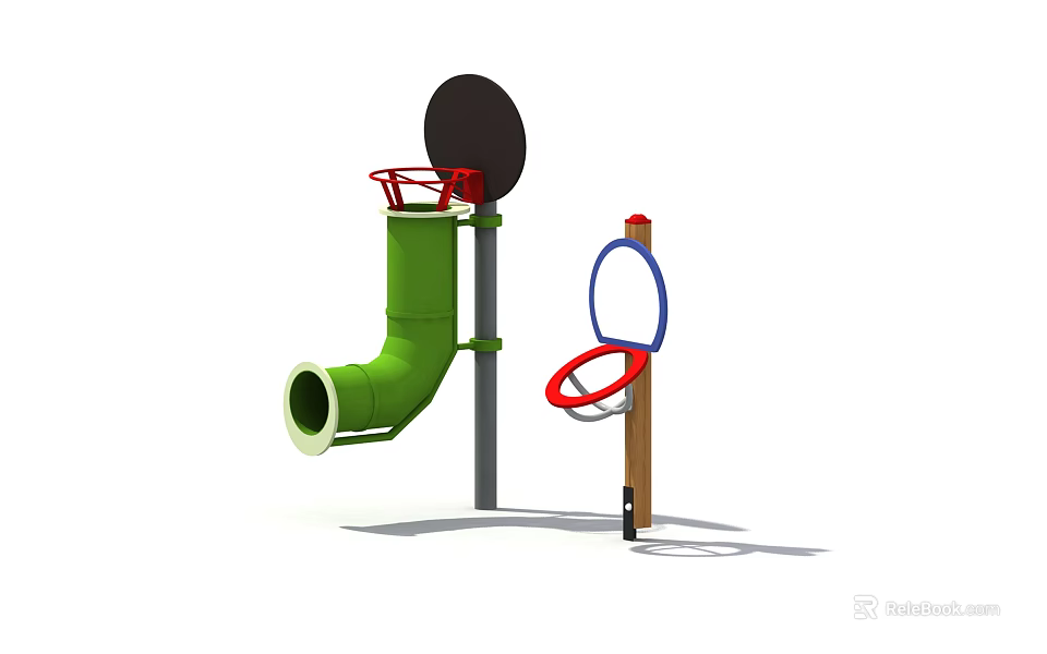 Outdoor Children Sports Equipment With Green Pole Black Backboard And Red Blue Rim 3d model 