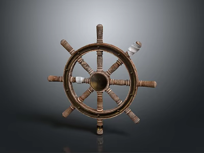 Vintage Wooden Ship Wheel With Rustic Spokes On Dark Background 3d model