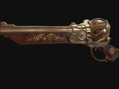 Steampunk Themed Pistol With Wooden Grip Golden Engravings And Metallic Gear Components 3d model