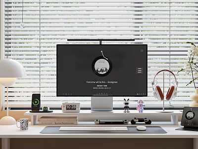 Modern Office Desk Setup with Computer Monitor Keyboard Mouse Lamp and Headphones 3d model