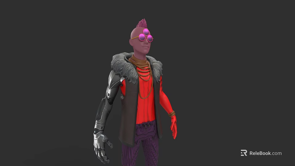 Pink Head Purple Goggles Game Movie Character In Red Shirt Fur Coat With Mechanical Arm 3d model 