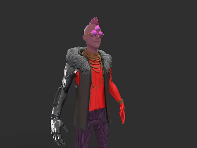 Pink Head Purple Goggles Game Movie Character In Red Shirt Fur Coat With Mechanical Arm 3d model