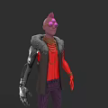 Pink Head Purple Goggles Game Movie Character In Red Shirt Fur Coat With Mechanical Arm