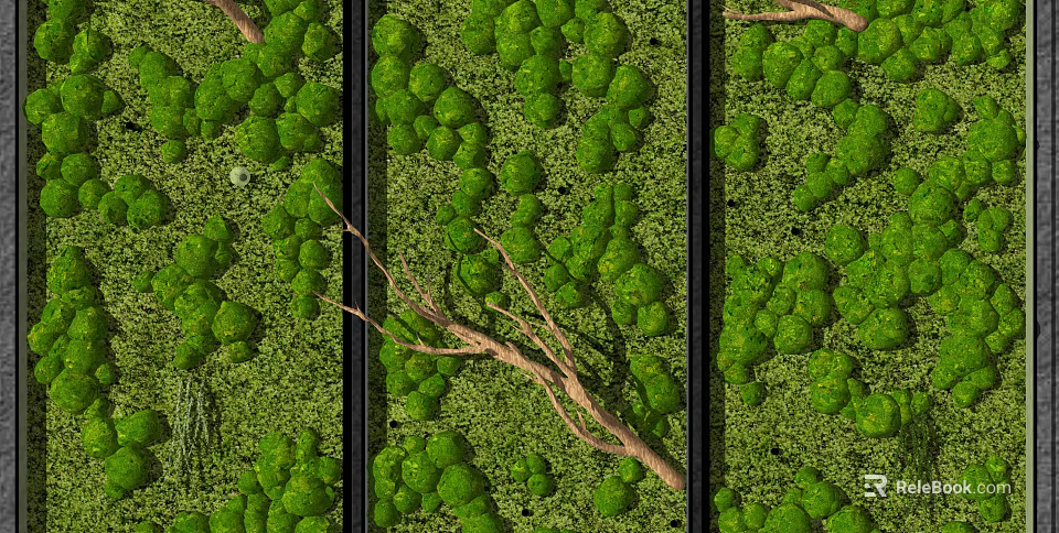 Lush Green Moss Wall Decor With Natural Branches And Vibrant Foliage 3d model 