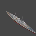 Detailed Warship Model With White Hull Red Bottom And Superstructure Antennas Turrets
