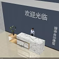 Modern Marble Reception Desk With Blue Wall Green Plant And Welcoming Receptionist