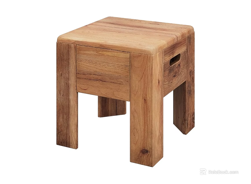 Natural Solid Wood Square Stool With Sturdy Legs And Side Opening Design 3d model 